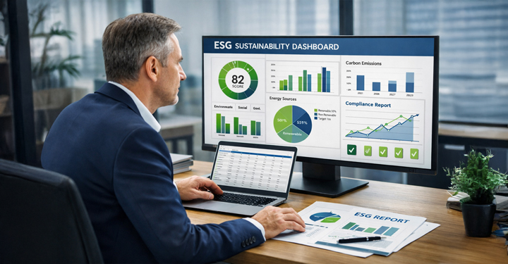 Uomo che analizza dati di sostenibilità